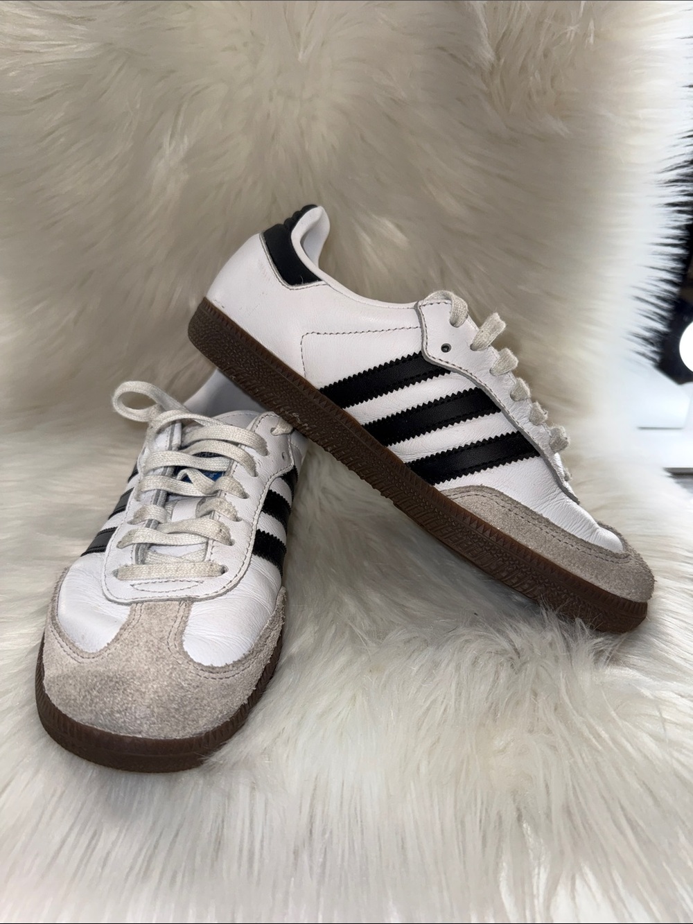 adidas White Sneakers with Black Stripes and Brown Sole
